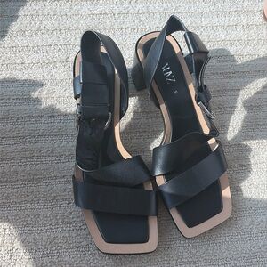 ZARA Black Block Heel Sandals - Square Toe with Buckle Detail - Size 36